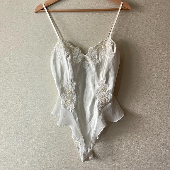 Victoria's Secret Vintage 90s White Teddy One Piece Beaded Satin Romper